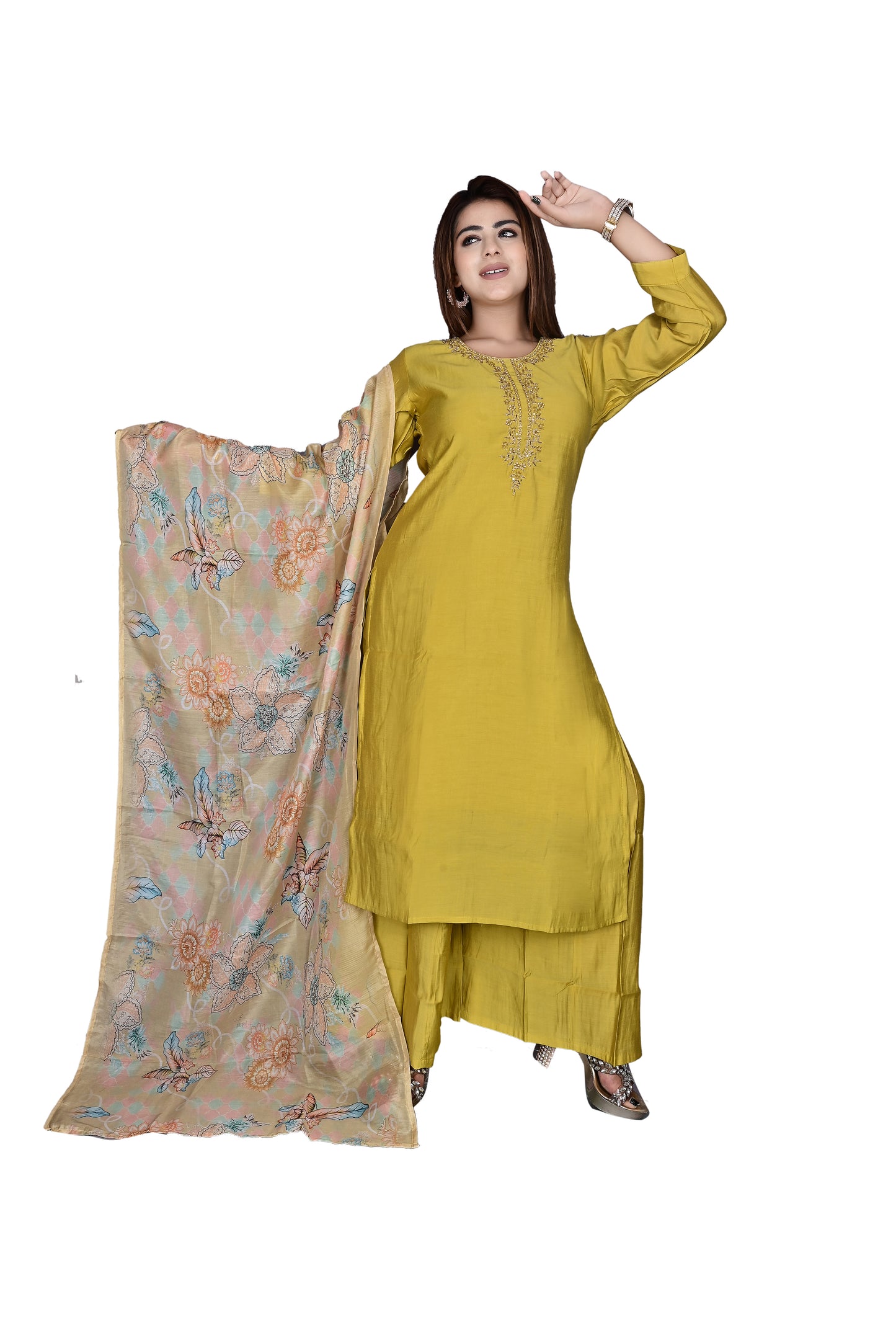 Yellow Silk  3Pc Kurta, Palazzo with Dupatta Set