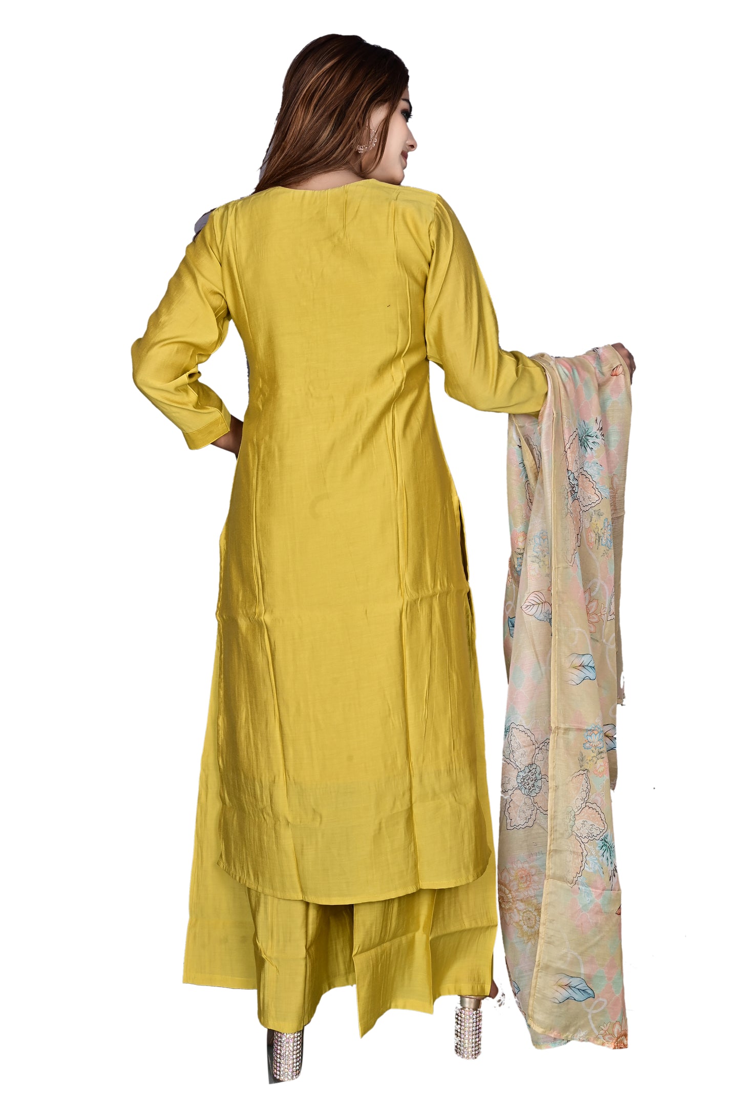 Yellow Silk  3Pc Kurta, Palazzo with Dupatta Set