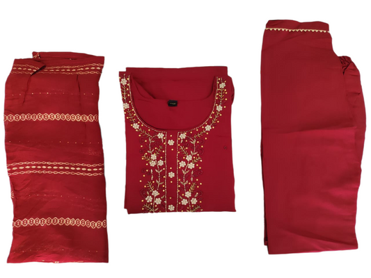 Maroon Silk hand work embroidery Kurta, Pant set with Dupatta
