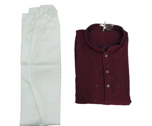 Maroon Rayon Sequence Men's Kurta Pajamas Set